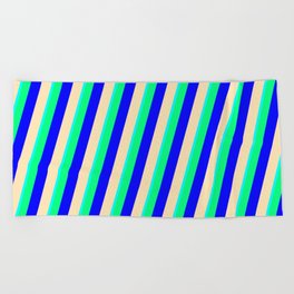 [ Thumbnail: Cyan, Green, Blue & Beige Colored Lined Pattern Beach Towel ]