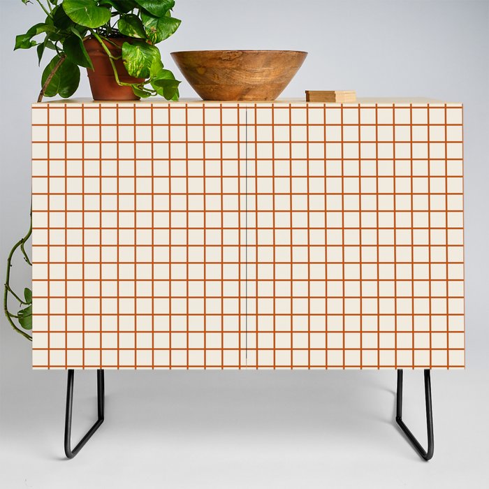 Burnt Orange Geometric Grid lines Cream Credenza