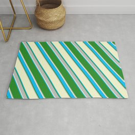 [ Thumbnail: Light Yellow, Deep Sky Blue, Forest Green & Grey Colored Stripes Pattern Rug ]