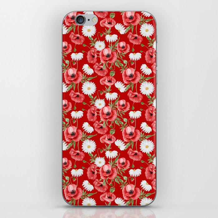 Daisy and Poppy Seamless Pattern on Red Background iPhone Skin