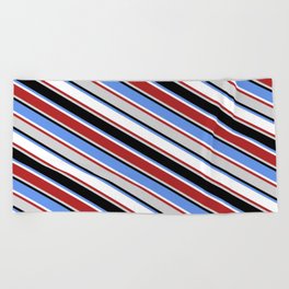 [ Thumbnail: Eyecatching Cornflower Blue, White, Red, Light Gray & Black Colored Lined/Striped Pattern Beach Towel ]