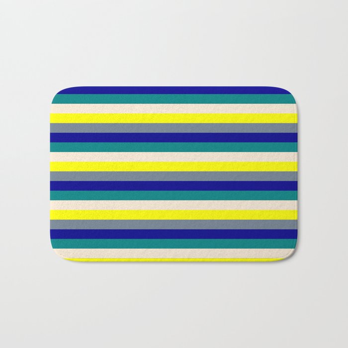 Vibrant Yellow, Slate Gray, Dark Blue, Teal & Beige Colored Stripes/Lines Pattern Bath Mat