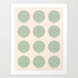 Zodiac Constellations - Sage Green Art Print
