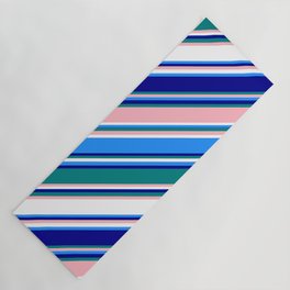[ Thumbnail: Colorful Blue, Dark Blue, Teal, Light Pink, and White Colored Lines Pattern Yoga Mat ]