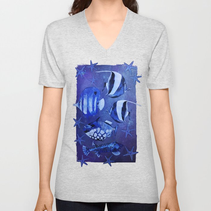 Watercolor fish pattern dark blue V Neck T Shirt