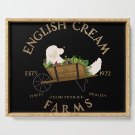 English Cream Golden Retriever Dog Farm Cart Vintage Style Art Serving Tray