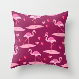 Valentine's Flamingos in love burgundy pattern Throw Pillow