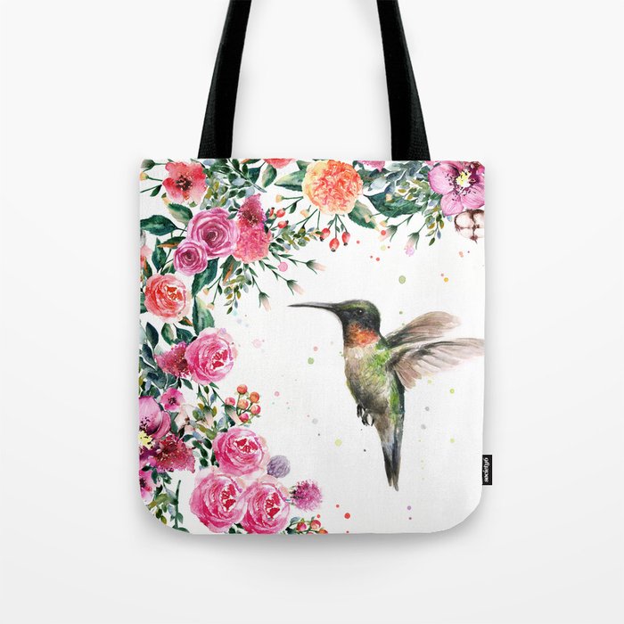 Hummingbird and Flowers Watercolor Animals Tote Bag