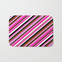 [ Thumbnail: Vibrant Brown, Violet, Deep Pink, White, and Black Colored Striped Pattern Bath Mat ]