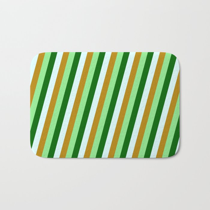 Dark Goldenrod, Light Green, Dark Green & Light Cyan Colored Striped/Lined Pattern Bath Mat