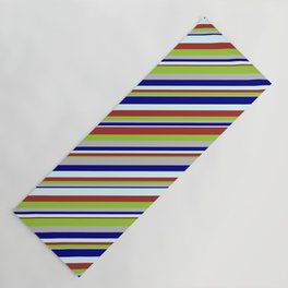 [ Thumbnail: Blue, Light Cyan, Brown, Green, and Grey Colored Striped Pattern Yoga Mat ]