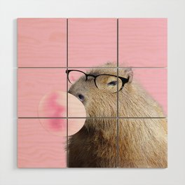 Capybara Chewing Pink Bubblegum Wood Wall Art