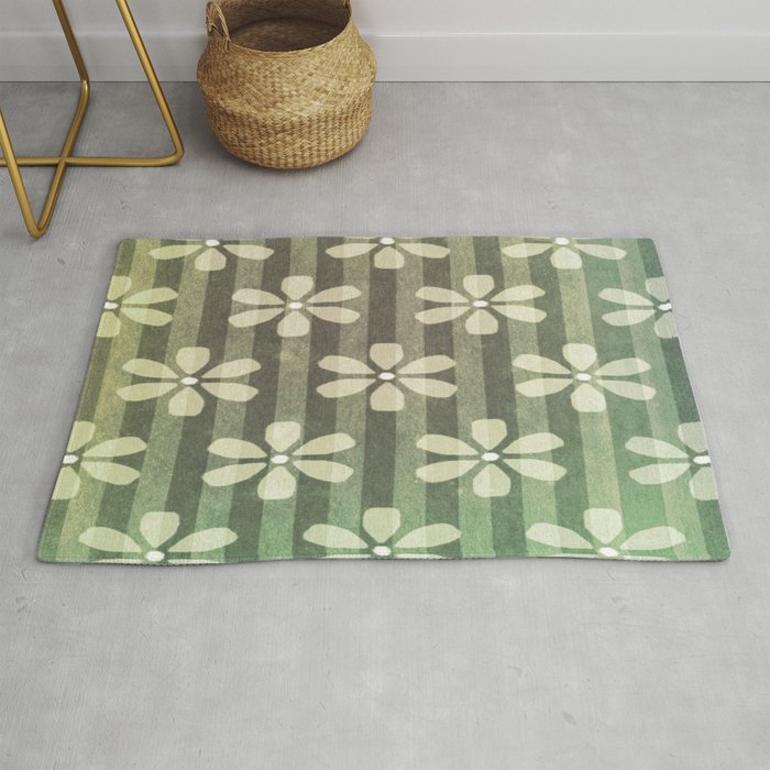 Abstract Daisies Lime Green On Forest Kelly Green Stripes Rug