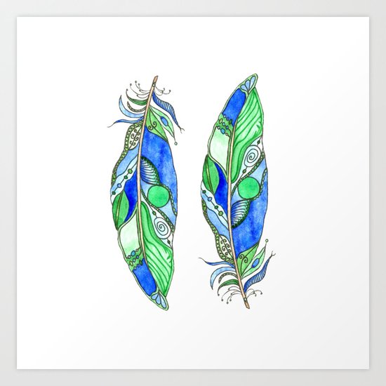 Bohemian Spirit Feathers - Blue & Green Art Print