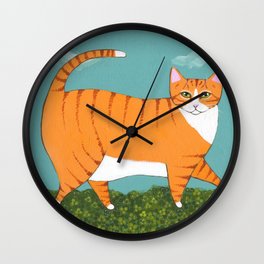 Chonky Ginger Cat in Clover Wall Clock