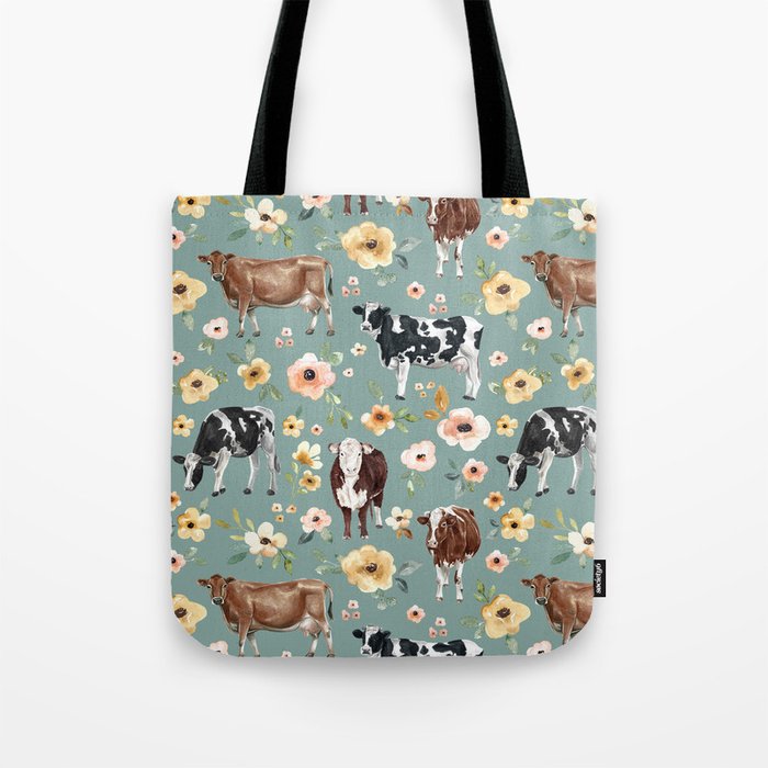 Cows and Flowers on Country Blue, Yellow Flowers, Cow Floral, Pink Flowers Tote Bag