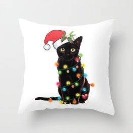 Santa Black Cat Tangled Up In Lights Christmas Santa Graphic Throw Pillow