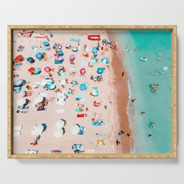Coastal Beach Print, Aerial Ocean Beach Art Print, Summer Umbrellas On Beach, Holiday Time, Hot Sand Serving Tray