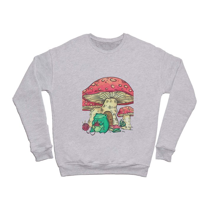 Cottage Core Frog Knitting under Mushroom Crewneck Sweatshirt