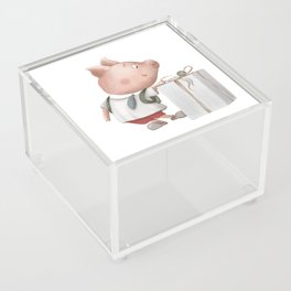 Cute little pig packing gift box with beige ribbon. Illustration in cartoon style. Acrylic Box