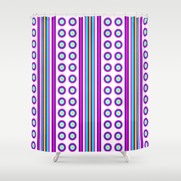 Geometric Vertical Stripes & Circles - White Purple Pink Blue Yellow Shower Curtain