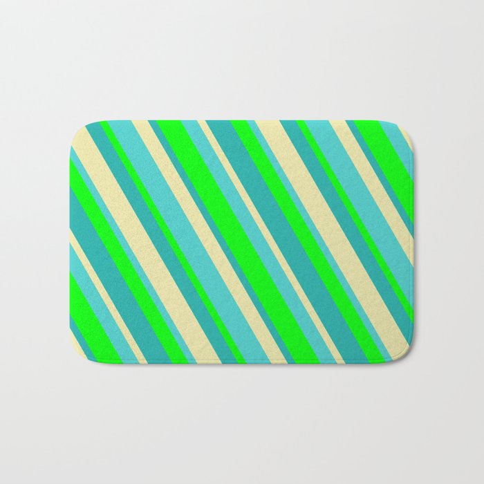 Lime, Light Sea Green, Pale Goldenrod & Turquoise Colored Stripes/Lines Pattern Bath Mat