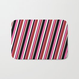 [ Thumbnail: Hot Pink, Brown, White & Black Colored Lined/Striped Pattern Bath Mat ]