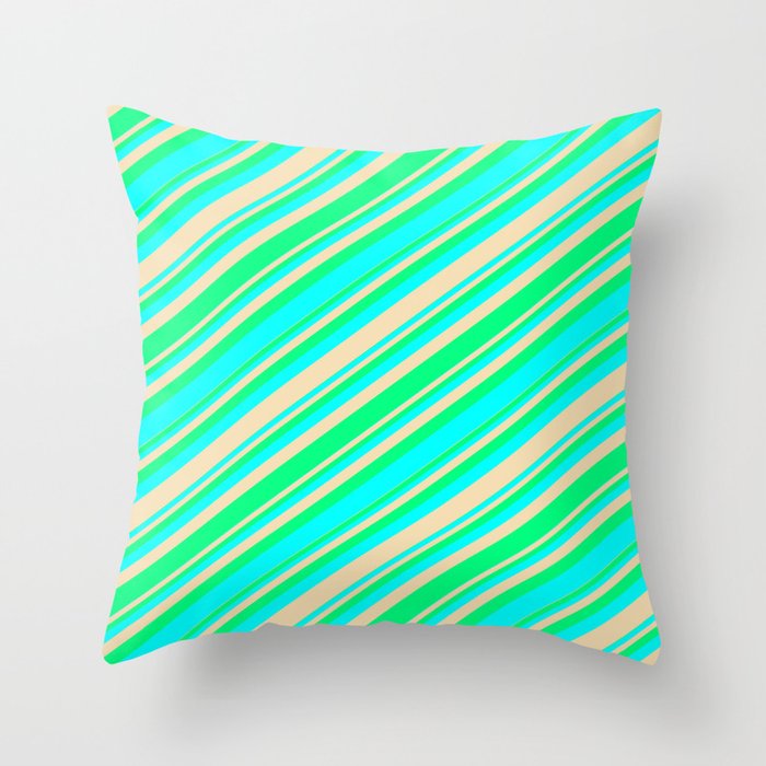 Green, Aqua, and Tan Colored Stripes/Lines Pattern Throw Pillow
