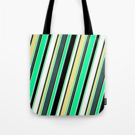 [ Thumbnail: Dark Slate Gray, Black, Tan, Green, and White Colored Lines Pattern Tote Bag ]