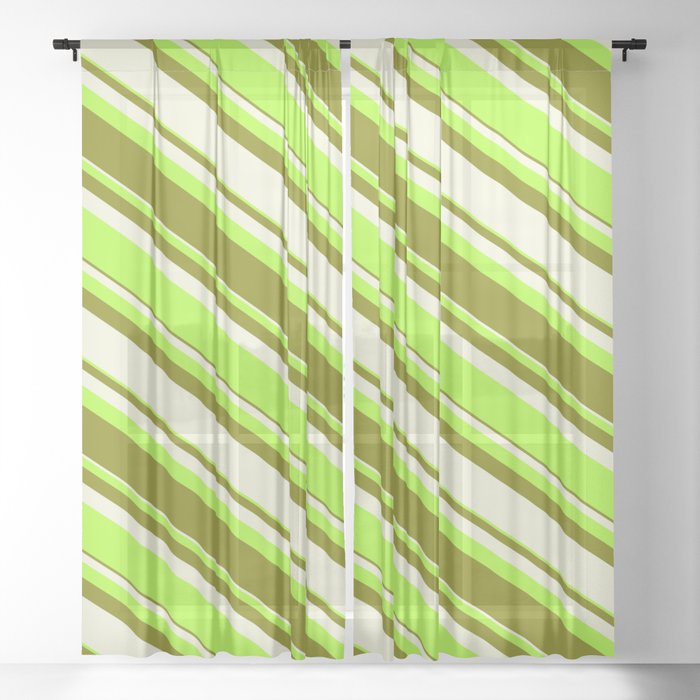 Beige, Light Green & Green Colored Striped/Lined Pattern Sheer Curtain