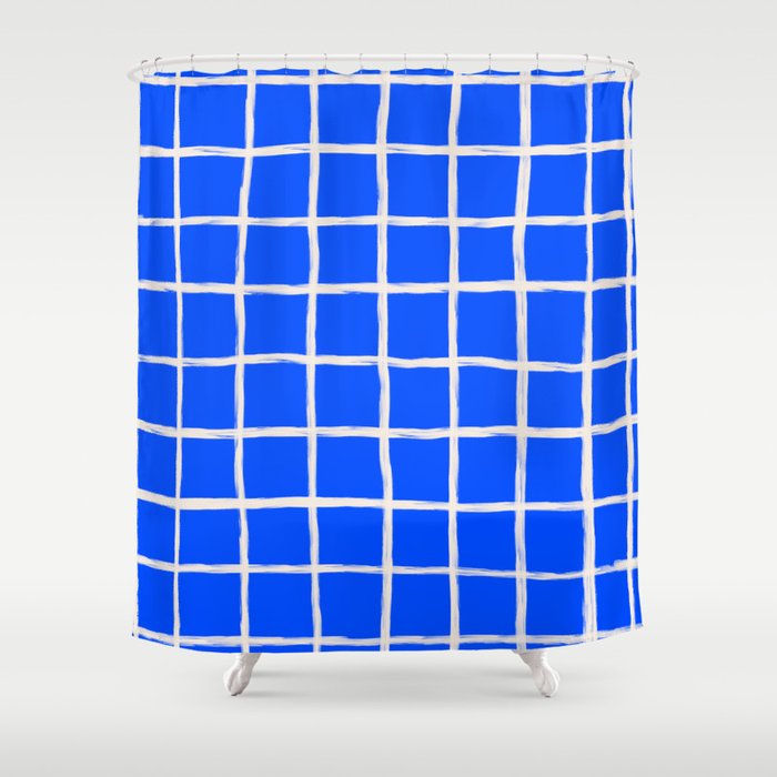 Cobalt Blue Checker Grid Shower Curtain