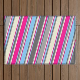 [ Thumbnail: Colorful Light Sky Blue, Dim Grey, Dark Grey, Beige, and Deep Pink Colored Pattern of Stripes Outdoor Rug ]