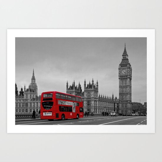 Black and White London with Red Bus Art Print