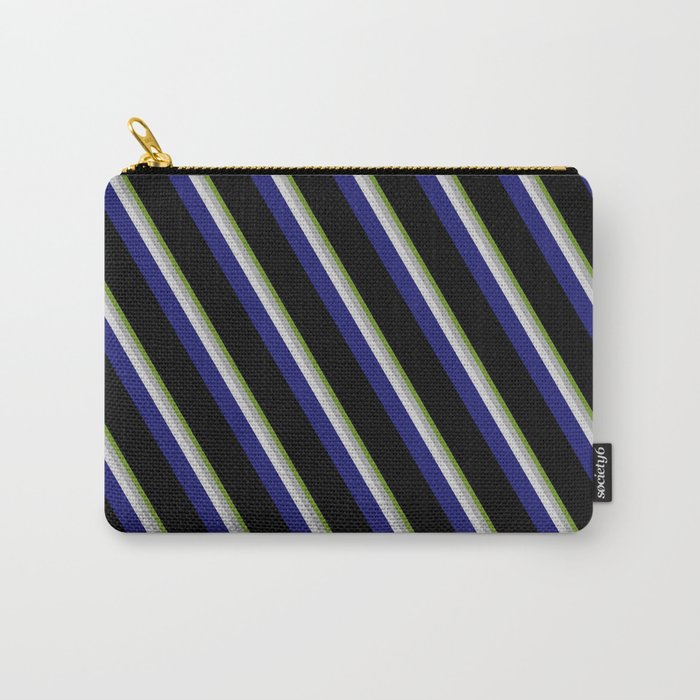Vibrant Green, Dark Gray, Light Grey, Midnight Blue, and Black Colored Pattern of Stripes Carry-All Pouch