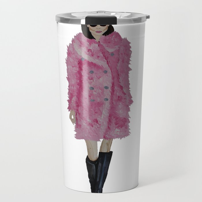 Fashion Illustration 'Kati' pink fluffy coat Travel Mug