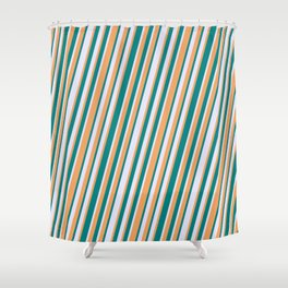 [ Thumbnail: Brown, Teal, and Lavender Colored Lined Pattern Shower Curtain ]