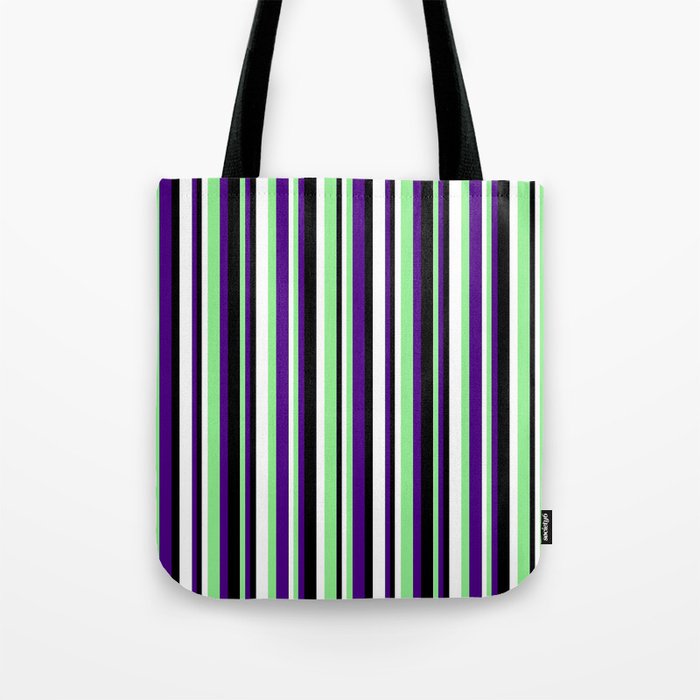 Indigo, Light Green, White & Black Colored Stripes/Lines Pattern Tote Bag