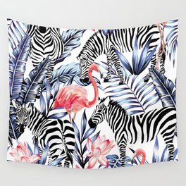 Exotic pink flamingo, zebra on background summer blue tropic palm leaf Wall Tapestry
