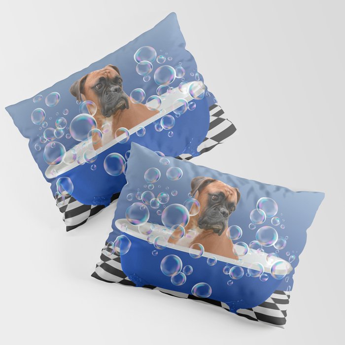 Boxer Dog- Blue Bathtub Soap Bubbles Pillow Sham