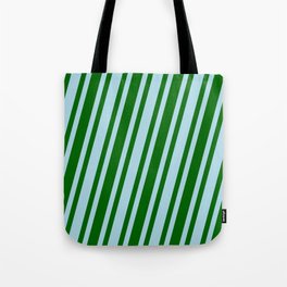 [ Thumbnail: Light Blue & Dark Green Colored Stripes Pattern Tote Bag ]