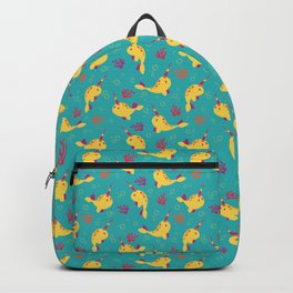To the Window to the Narwhal - Lemon & Blue Backpack | Playful, Graphicdesign, Whale, Ocean, Narwhal, Purple, Yellow, Kid, Blue, Coral 