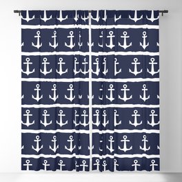 Nautical Navy Blue White Anchors Stripes Blackout Curtain