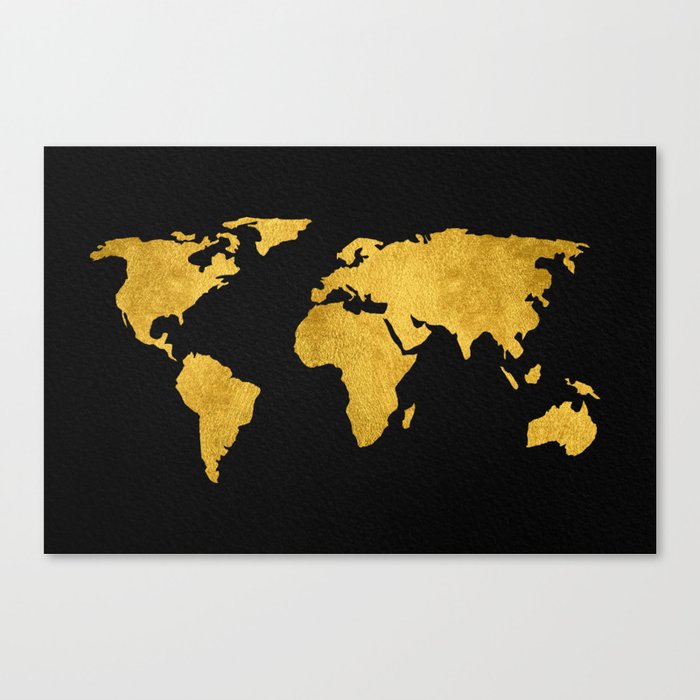 Metallic Gold Foil World Map On Black Canvas Print