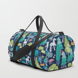 Geometric whimsical wonderland // navy blue background green forest with unicorns foxes gnomes and mushrooms Duffle Bag