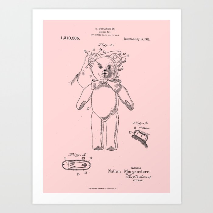 Teddy Bear Patent Pink Nursery Art Print