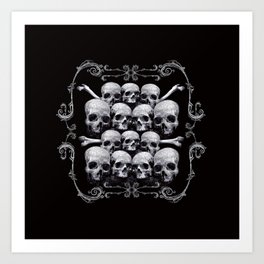Skulls and Filigree - Black and White Art Print