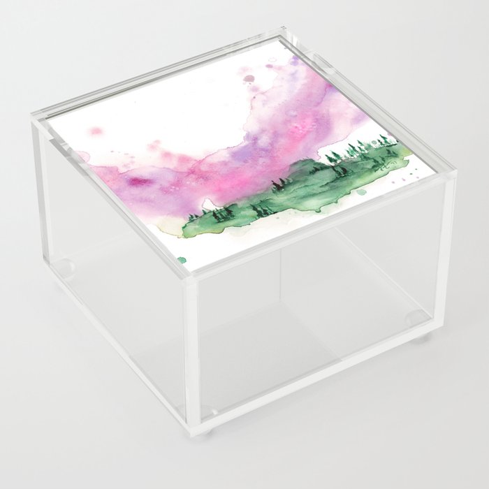 Pink and Green Watercolour Landscape Painting Acrylic Box