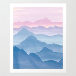 Magical Candy Hand-painted Watercolor Mountains, Abstract Airy Mountain Landscape in Pastel Blue, Violet and Purple Hues Art Print