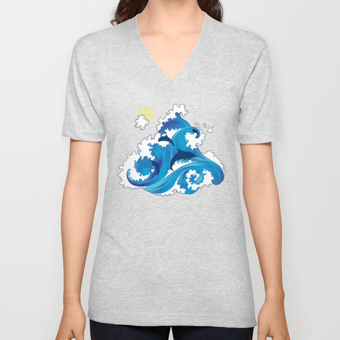 Big Waves and Dolphins V Neck T Shirt
