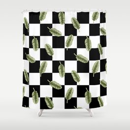 Large - Banana Leaf Illustration on Black & White Checkerboard Shower Curtain